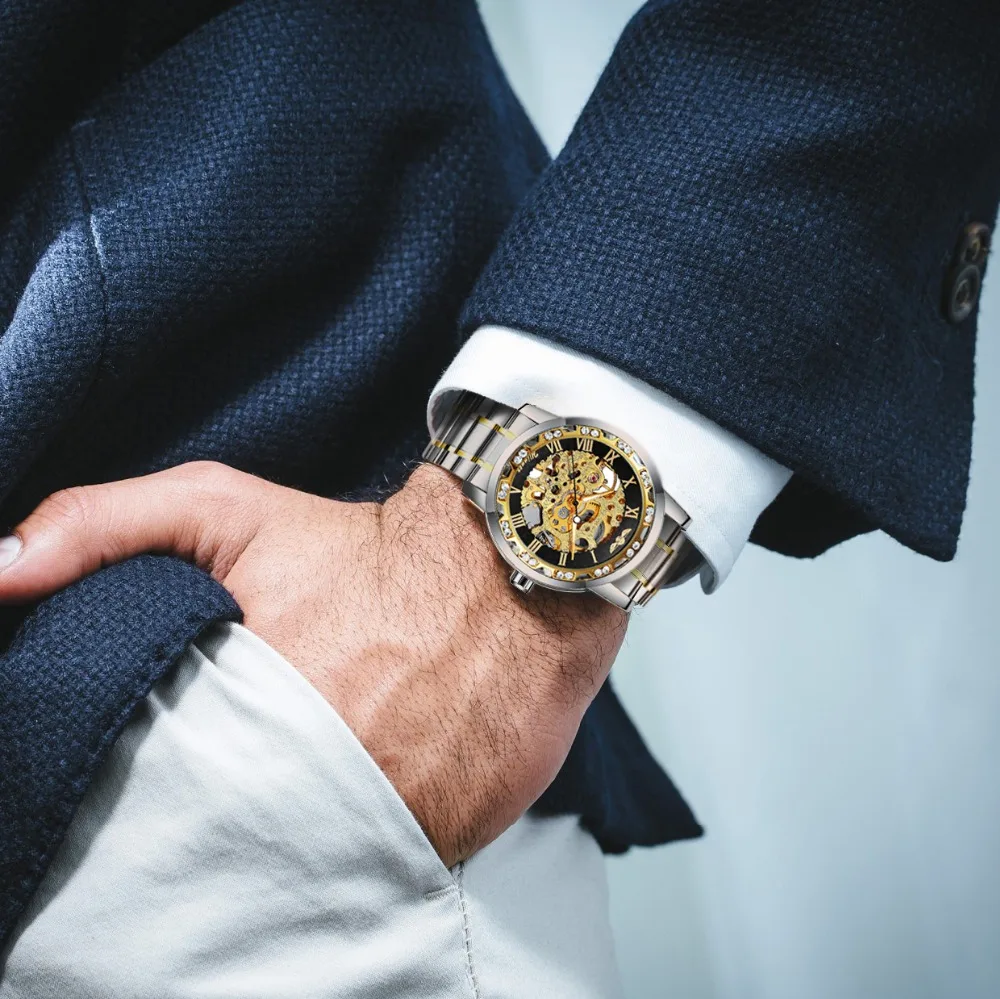 WINNER Skeleton Mechanical Watch Men Crystal Iced Out Golden Dial Brand Luxury Man Watch Steel Strap Business Wristwatch