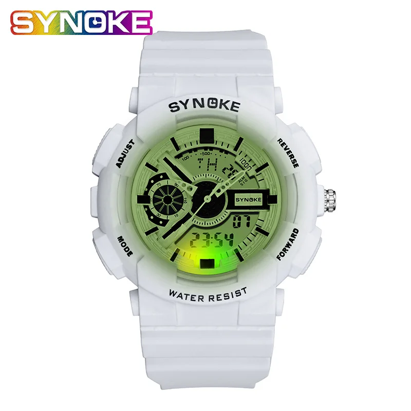 SYNOKE Student Sports Outdoor Watch Electronic Wrist Watches LED Digital Dual Display Teen Fashion Watch PU strap Quartz 2019
