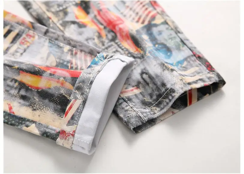 Hair stylist autumn homme jeans flag printed pants men's flower trousers slim men's feet pants stretch British