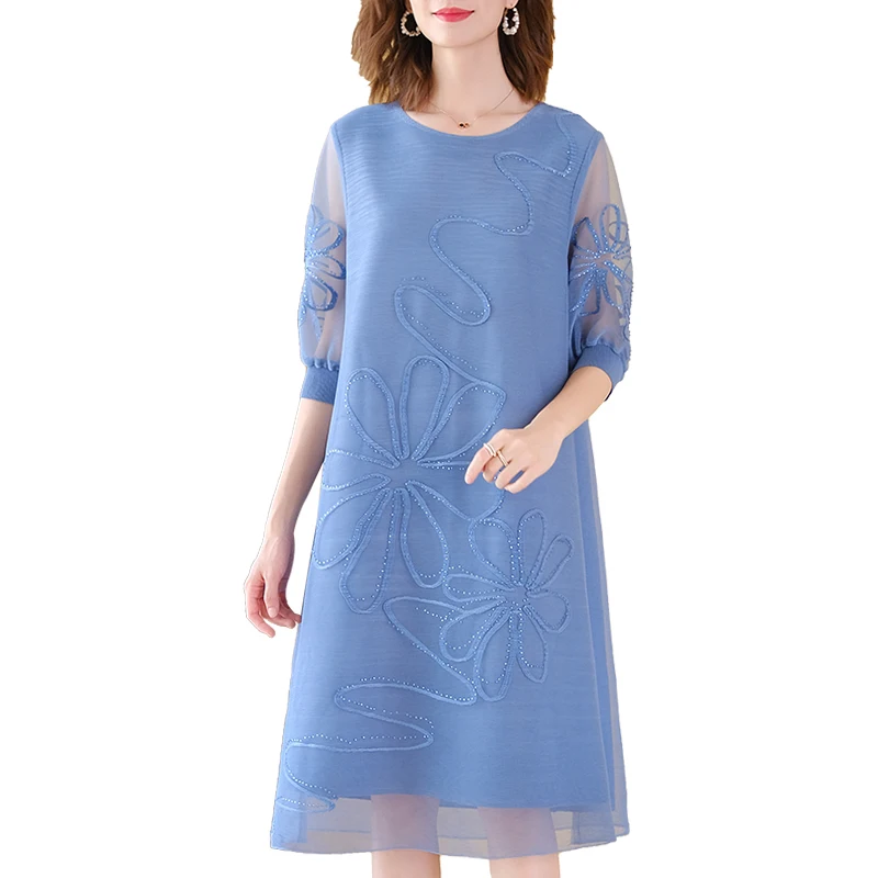 

Plus Size Dress Women Autumn 2020 New Mesh Beading Elastic Loose Miyake Pleat Dress Round Neck Three Quarter Sleeves