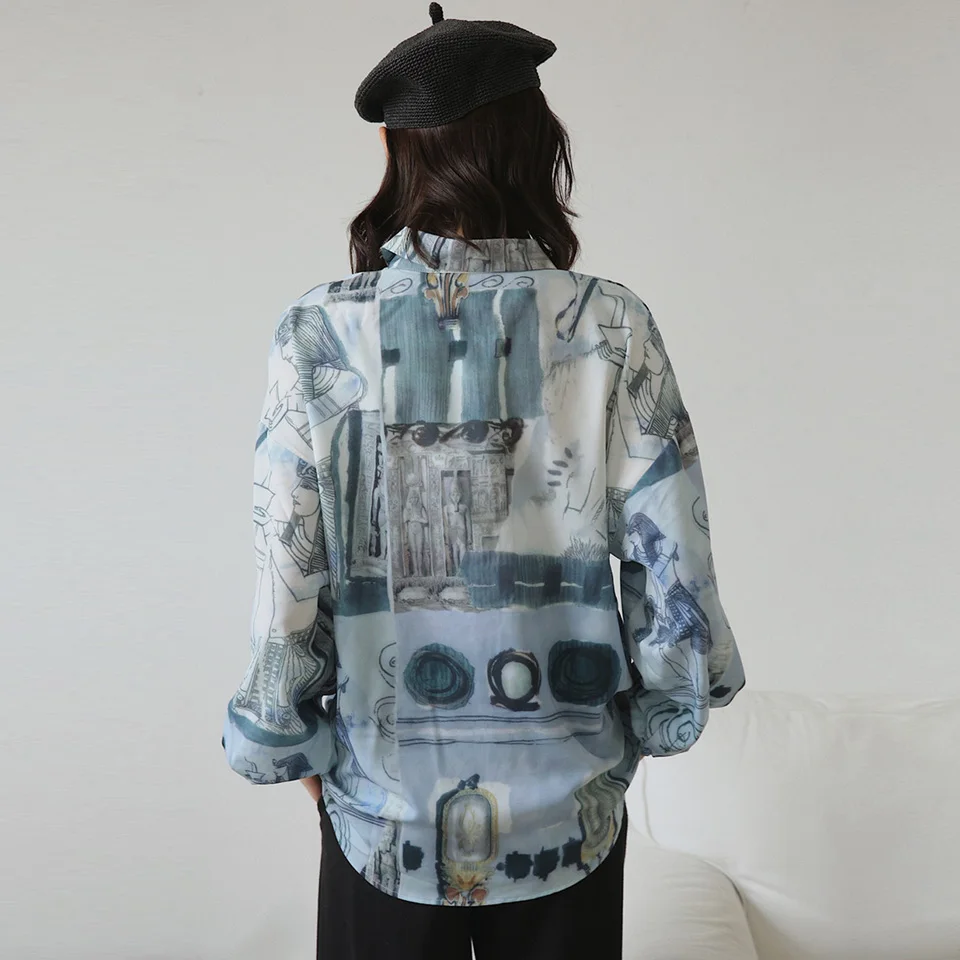 Повседневная Блузка в английском стиле осень 2019 винтажная с мультяшным принтом