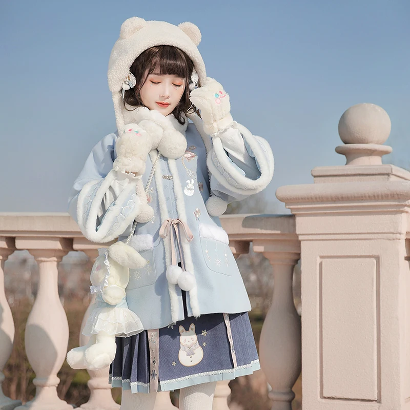 

Traditional Women Elegant Hlaf Sleeve Autumn Winter New Hanfu Suit Novelty Thick Blue Cosplay Costumes Stage Performance Cloth