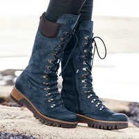 winter fashion womens mid calf boots round toe western lace up side zipper ladies boots comfortable non slip motorcycle bootie