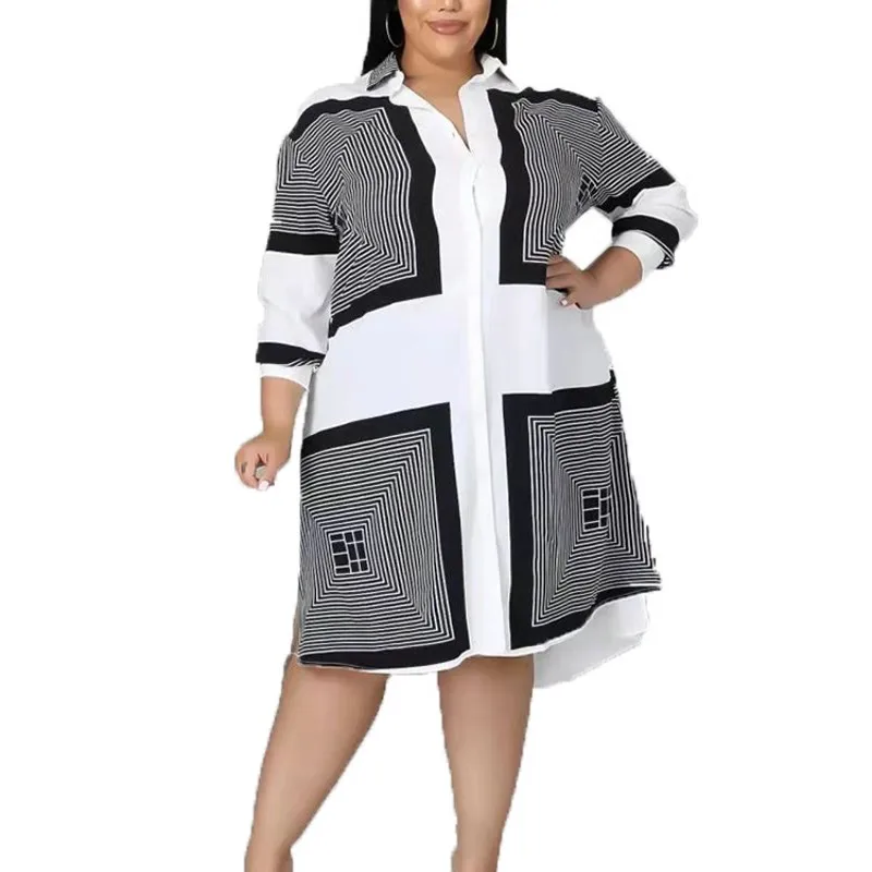 

5XL Plus Size Women Dress Single Breasted Turn Down Collar Full Sleeve Autumn Fashion Loose Casual Geometric Office Lady Dresses