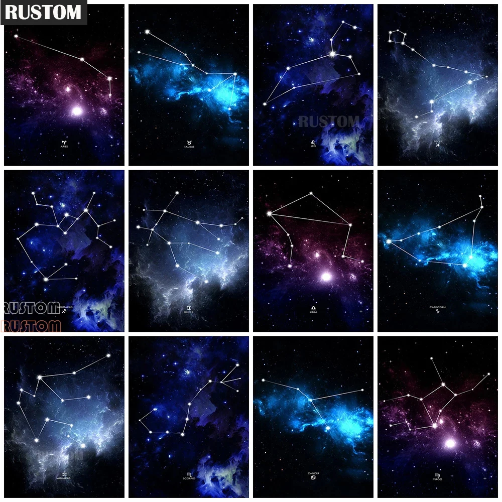 

RUSTOM 5D Diamond Painting Galaxy Starry Night Diamond Embroidery 12 Constellations Cross Stitch Kits Full Square Rhinestone Mos
