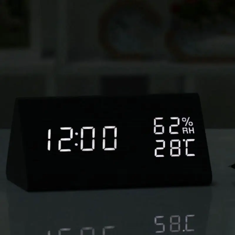 LED Wood Grain Alarm Clock Temperature Humidity Triangle-Shape Desktop Table Clocks Bedroom Home Décor | Дом и сад