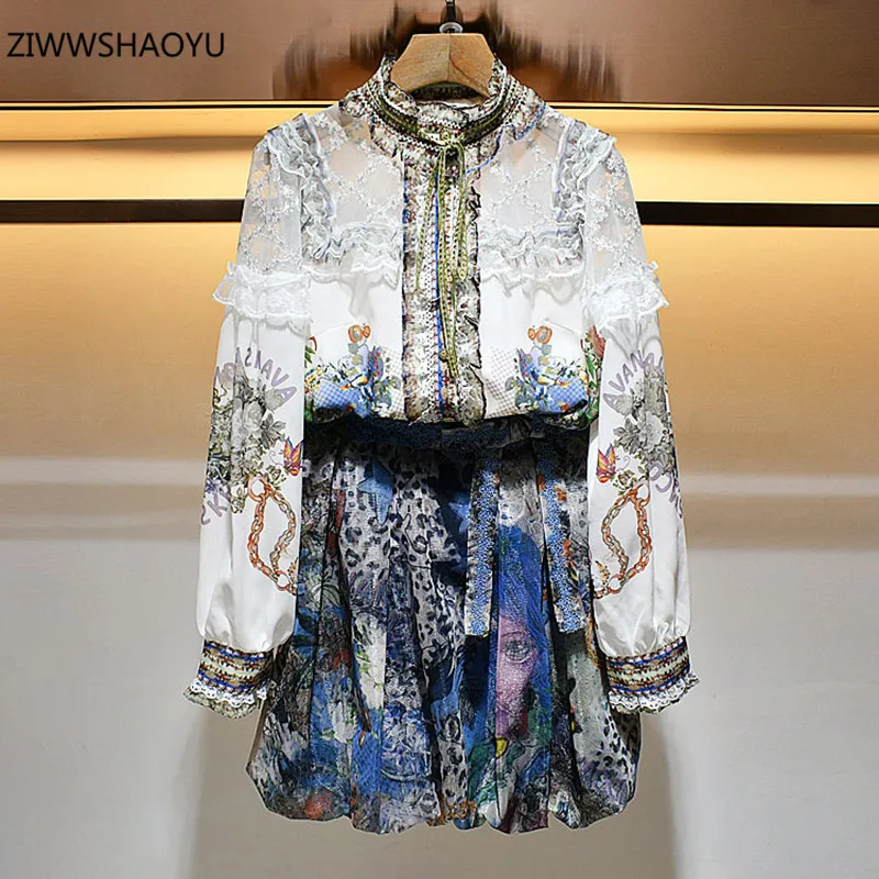 

ZIWWSHAOYU 2021Summer Woman Fashion Slim Print Lace Frills Lantern Sleeve Tops+High Waist Loose Tether Elegant Two Piece Outfits