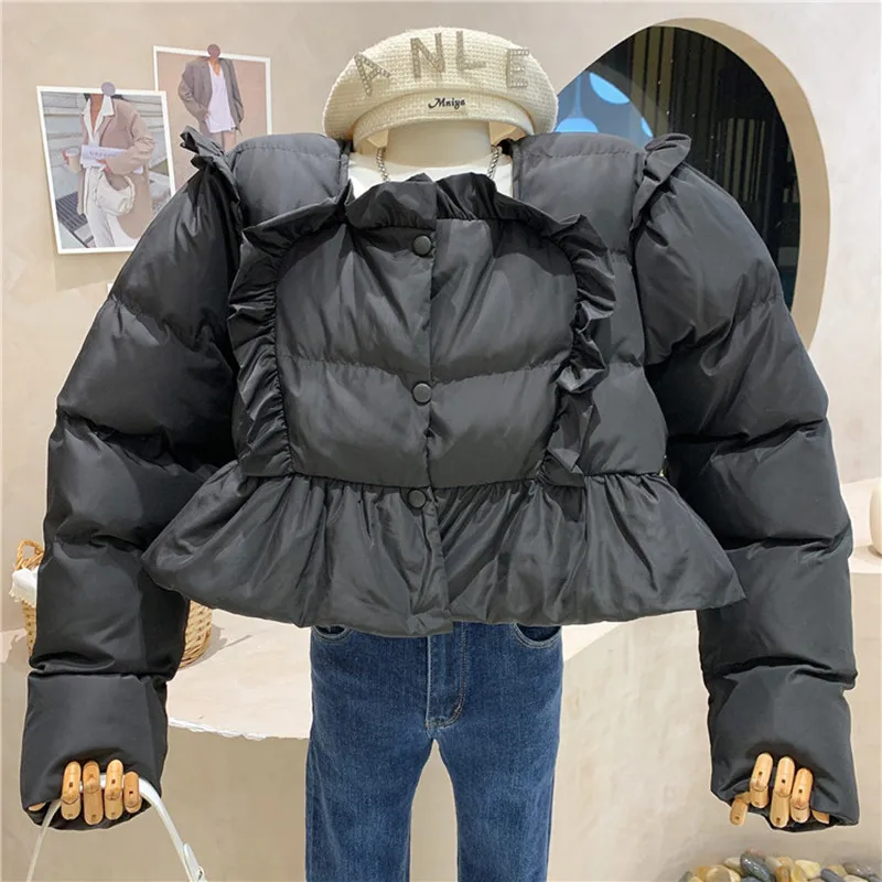 

Niche Design New Women's Clothing 2021 Autumn Winter Short Ruffled Puff Sleeve Square Neck cotton-padded Clothes Jacket