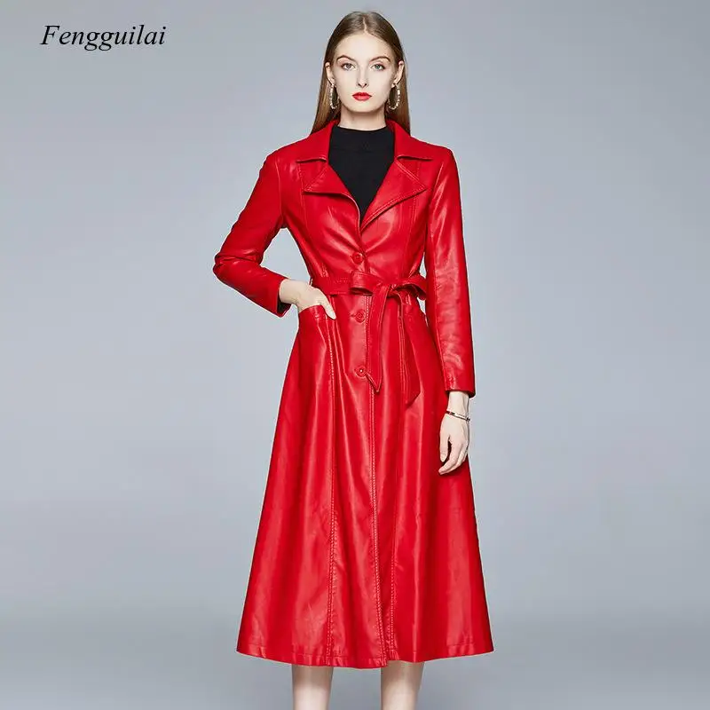 High Quality Red Black Maxi Leather Trench Coat for Women Long Sleeve Extra Long Skirted Overcoat  Fashion enlarge