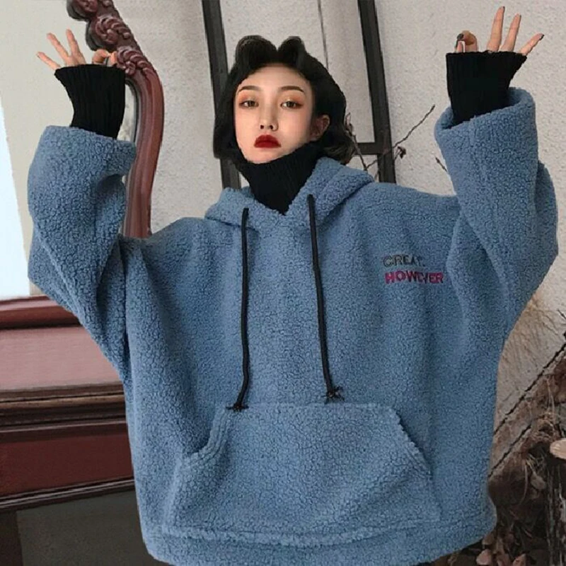 Winter Autumn Fake Two-piece Warm Lamb Wool Hooded Sweatshirts 2021 Knitted Halter Loose Tops Coats Ladies Fashion Genshin Mpact