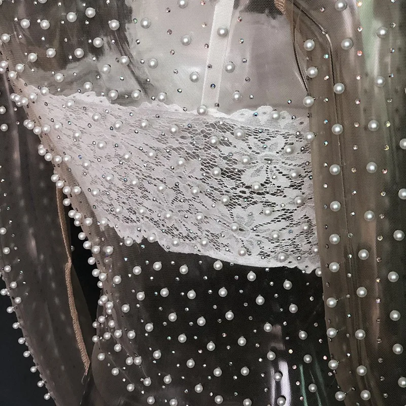 

Hot kf-Casual Mesh Pearl Detail Long-Sleeved Top Ladies Spring Summer Solid Color Perspective Short T-Shirt