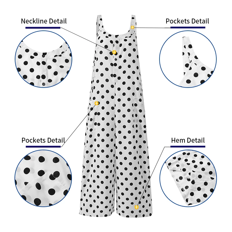 

VONDA Loose Overalls 2021 Women Sexy Sleeveless Vintage Dot Printed Rompers Casual Wide Leg Jumpsuits Plus Size Elegant Playsuit