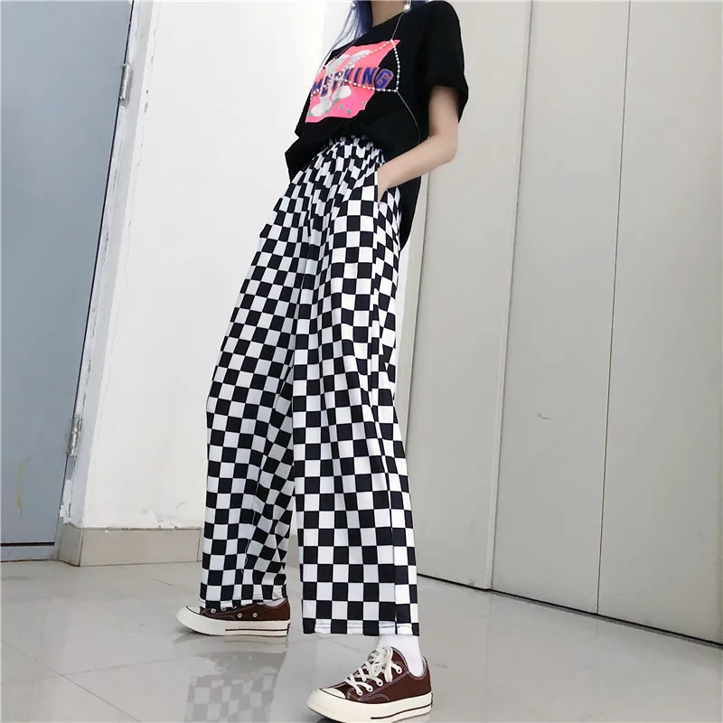 Женские винтажные брюки GOTH GIRL Harajuku черные белые клетчатые с высокой талией