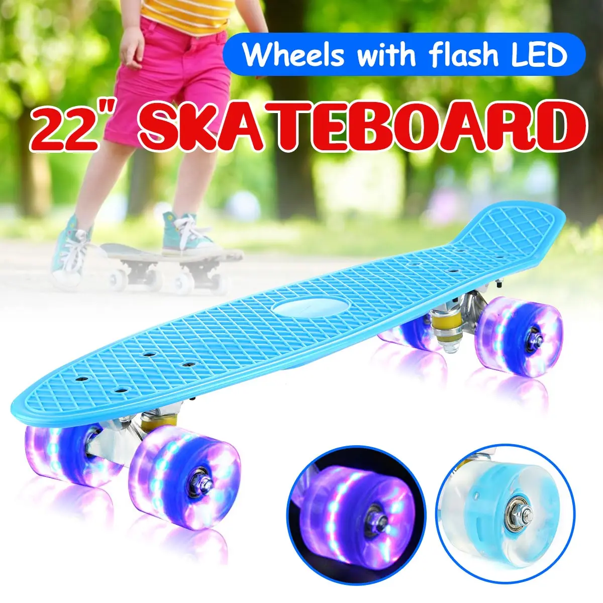 

22in Retro Four-wheel Skate Board Flashing Light Mini Skateboard Plastic Longboard For Girl Boy Fishboard Street Outdoor Sports