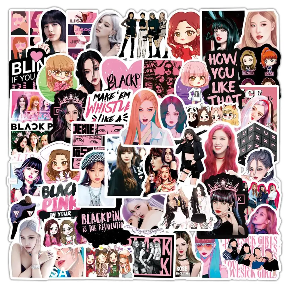 

50 PCS Kpop Team B Pink Rose Lisa Jennie Jisoo Cartoon Stickers For DIY Guitar Scrapbook Skateboard Laptop Luggage Fans Gift