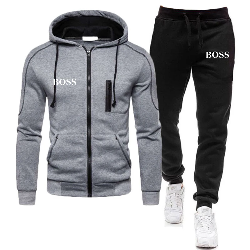 

New Men's Autumn Winter Sets Zipper Hoodie+pants Two Pieces Casual Tracksuit Male Sportswear Brand Clothing Sweat Suit BOSS