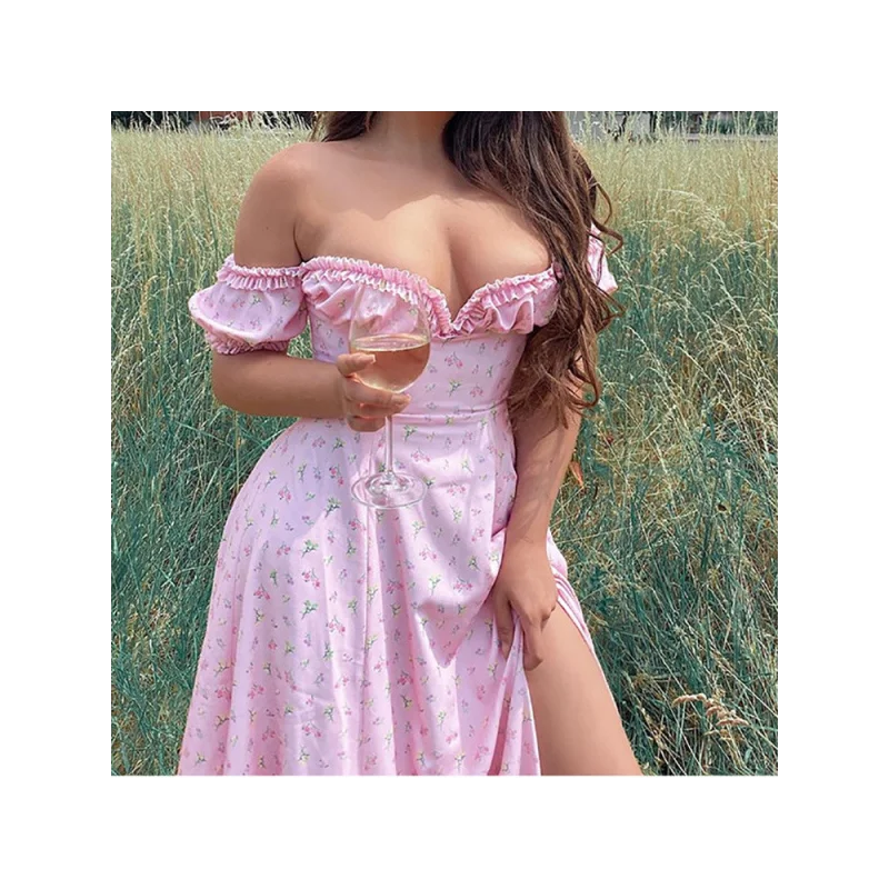 

Elegant Pink Flowers Off-shoulder Open-back Long Skirt Fashion Slit Dress Sexy Tube Top Long Skirt Dress