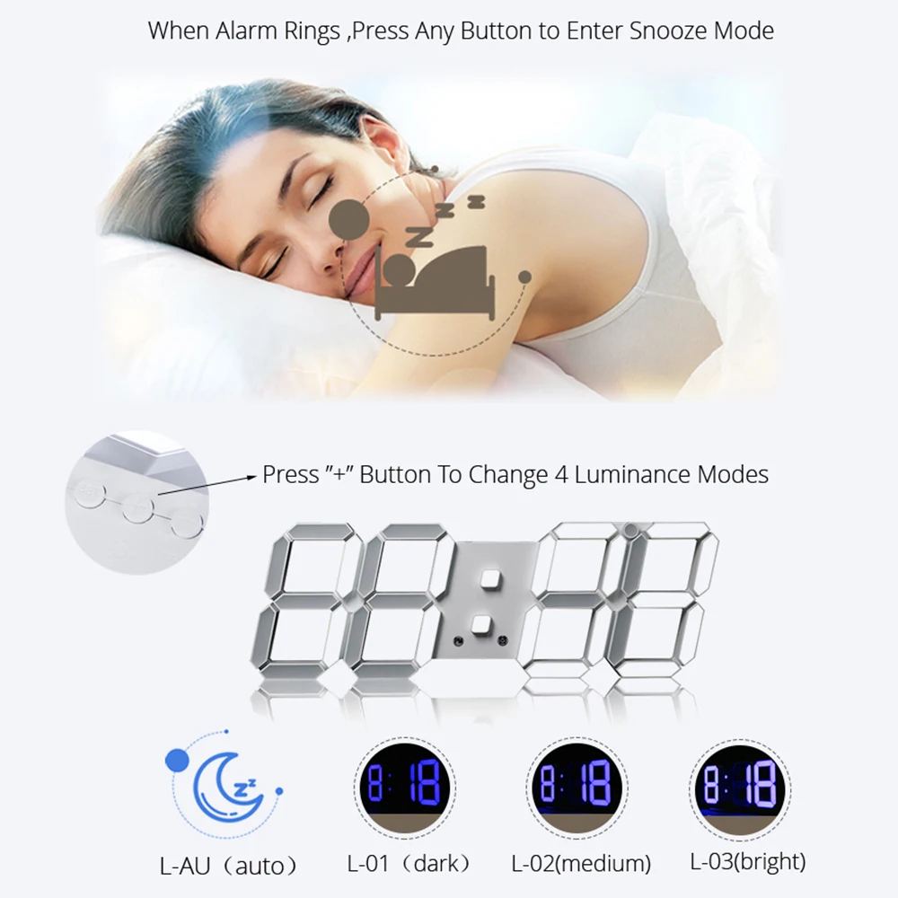 Большой светодиодный настенный будильник с датой и автоматической подсветкой