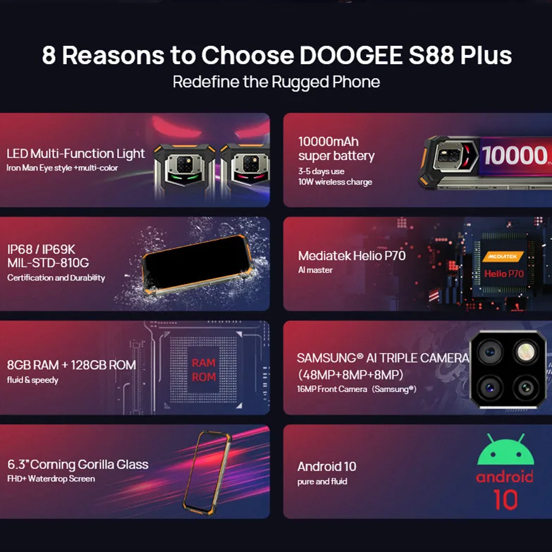 DOOGEE S88 Plus Rugged Android 10 MobilePhone IP68/IP69K Waterproof Smartphone 48MP Al Rear Camera 8GB 128GB Cellphone Gyroscope