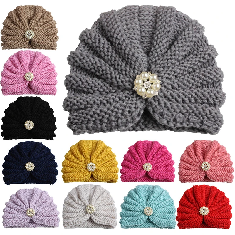 

2019 NEW Baby Girls Rhinestone Pearls Knitted Hat Candy Color Baby Bonnet Newborn Beanie Turban Hat Cap for Boy Accessories