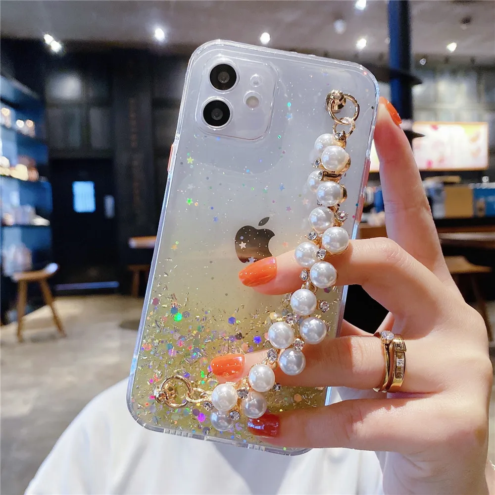 

Pearl Bracelet Clear Glitter Phone Case for IPhone 12 Pro 11 Pro Max XS Max XR X 7 8 Plus 12 Gradient Rainbow Sequins Coque