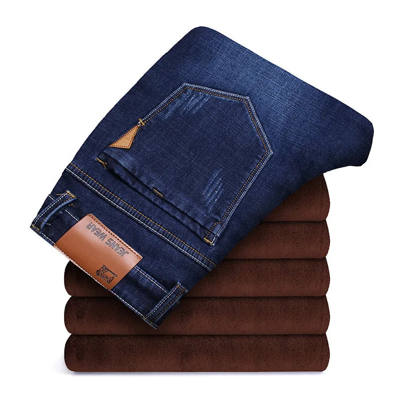 

2020 Winter New Men's Warm Slim Fit Jeans Business Fashion Thicken Denim Trousers Fleece Stretch Brand Pants Blue