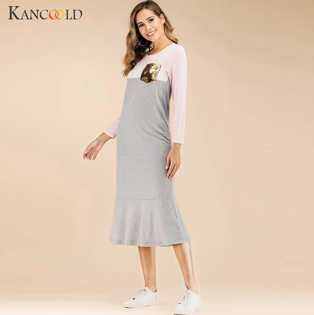 KANCOOLD модное женское платье для отдыха с пайетками и карманами Свободное длинное