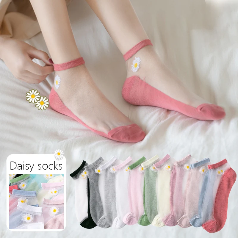 

5Pairs/Lot Women Socks For Summer Ultra-thin Transparent Glass Fiber Silk Dots Breathable Fashion Cute Daisy Flower Ankle Socks