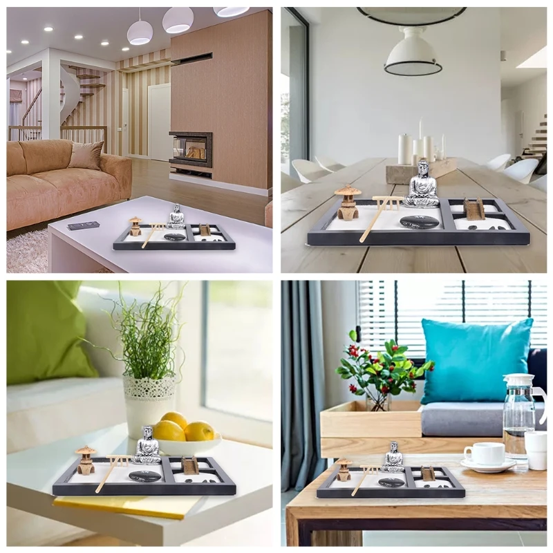 

Japanese Zen Garden for Desk 8x7 Inches Large Wood Tray White Sand River Rocks Rake Tools Set Office Table Accessories Meditatio