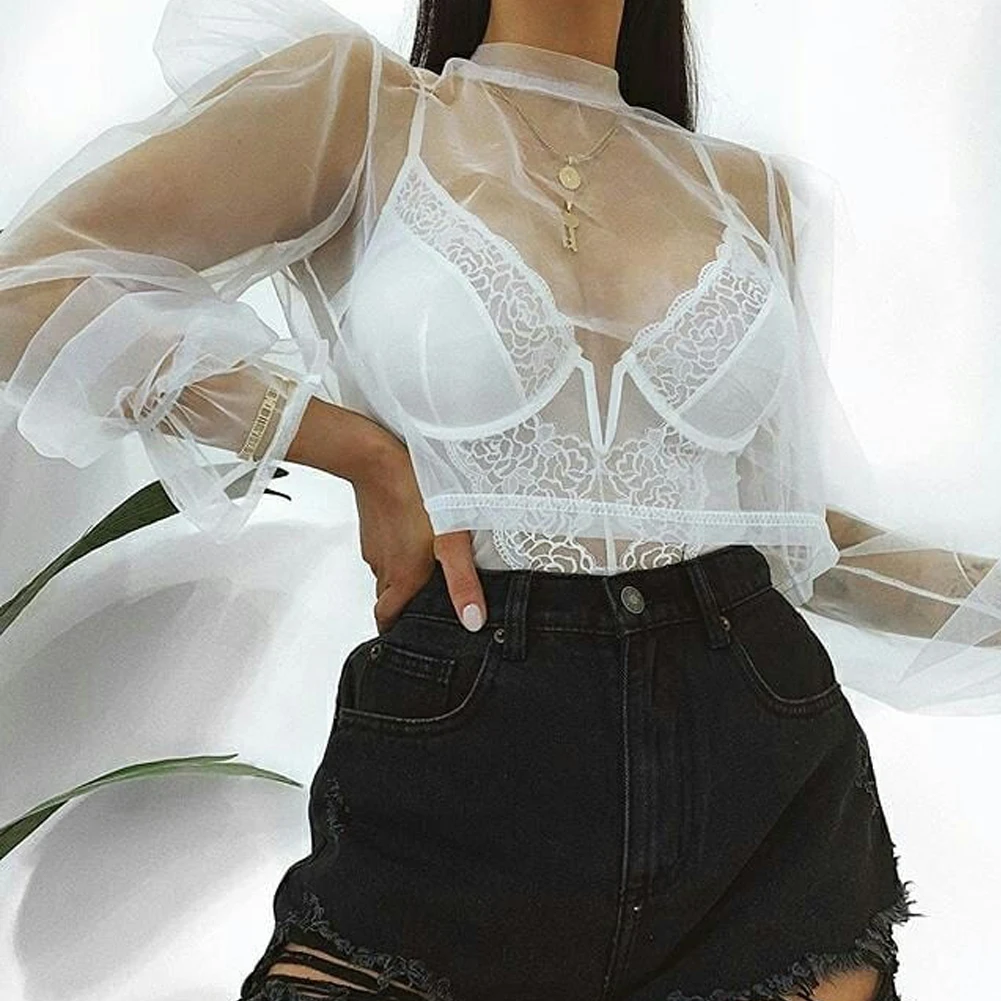 Женская прозрачная Сетчатая футболка с длинным рукавом и высоким