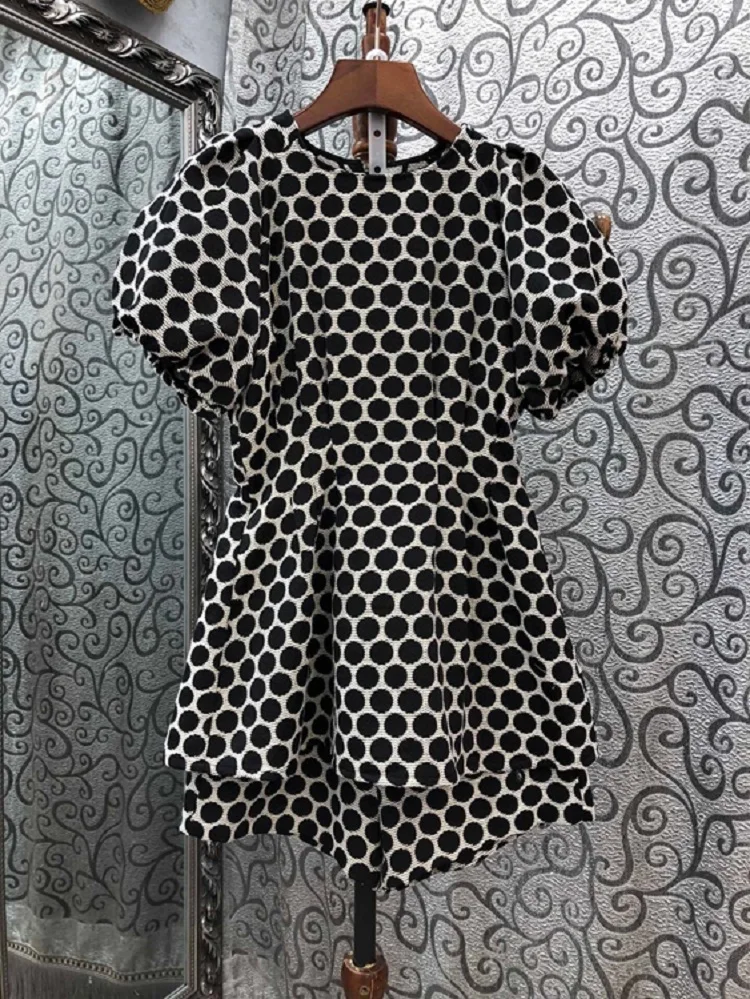 

2020 Autumn Fashion 2 Piece Set Women Polka Dot Print Short Sleeve Vintage Long Tops+Blue Black Print Short Set Casual Tracksuit