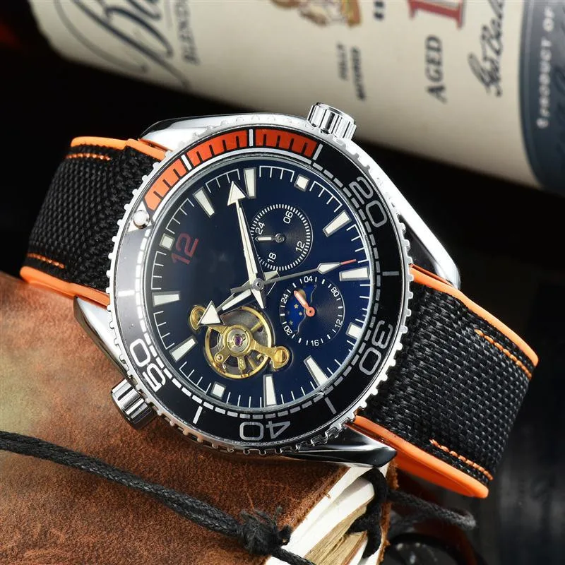 

Automatic Self Wind Mechanical Canvas Rubber Strap Orange Blue Red Multifunction Date Month Men Sport Watch