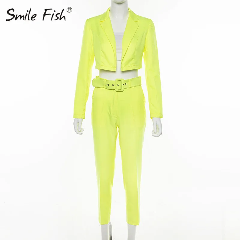 Fluorescent Yellow Женская одежда, комплекты из 2 предметов, модные женские короткие блейзеры, длинные штаны, комплекты с длинным рукавом, офисный Женский блейзер, неоновая уличная одежда GV618 - Цвет: Fluorescent Yellow