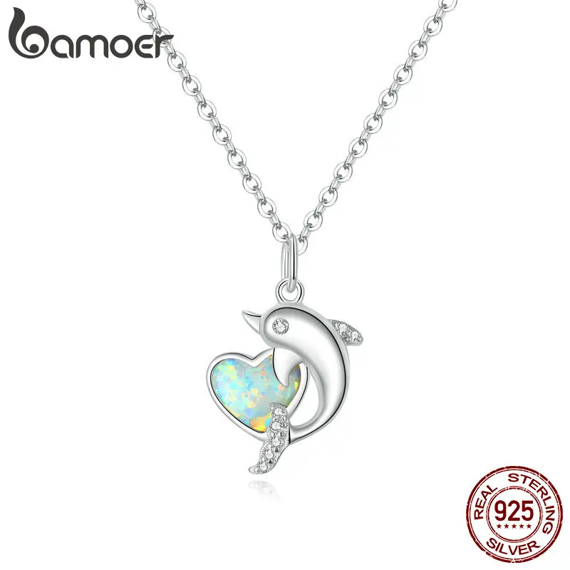 bamoer 925 Sterling Silver Dolphin with Heart Plated platinum CZ Pendant Necklace for Women Family Gifts Fine Jewelry SCN412
