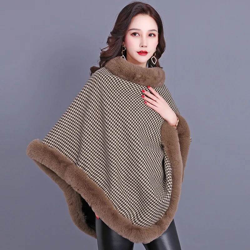 

2021 New Imitation Fur European Brown Women's Coat Shawl Scarf Imitate Rex Rabbit Fur Mid-length Sleeveless Houndstooth Wraps