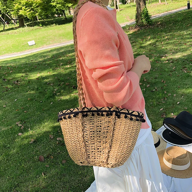 

Female Shoulder Bag Summer Beach Tassels Grass Handbags Large Capacity Hand Woven Cheap Small Travel Totes Bags