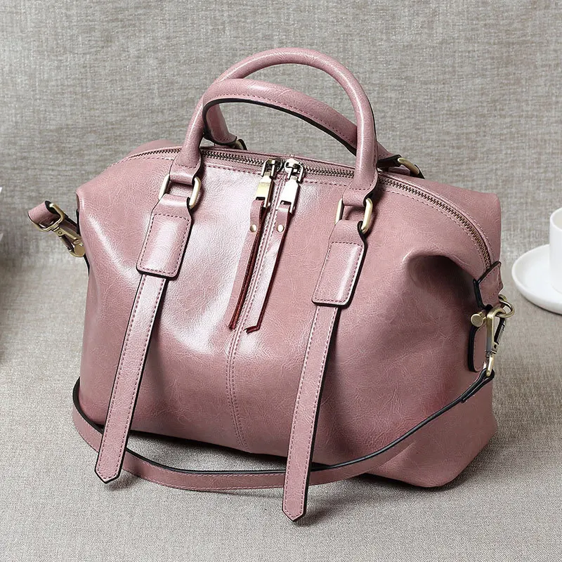 

2021 new luxury oil wax real cowhide handbag Boston bag fashion lady large-capacity one-shoulder messenger handbag pillow bag