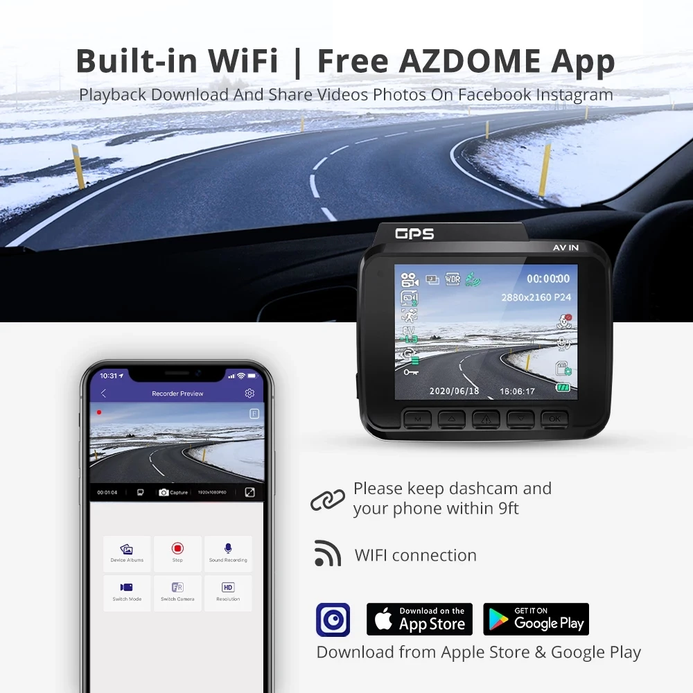 AZDOME GS63D Dash Cam Dual Lens Ultra HD Real 4K Car DVR Camera WIFI GPS Rear View Night Vision WDR Video Recorder 24H Parking | Автомобили