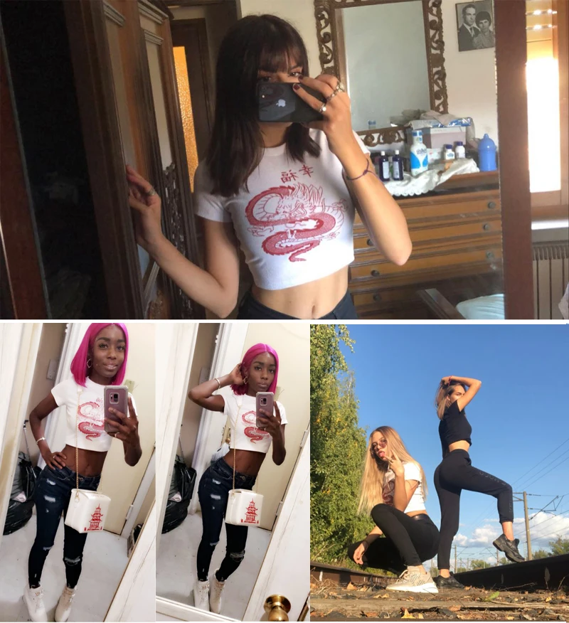 Женские Белые футболки HEYounGIRL с принтом дракона, Повседневная Базовая футболка в китайском стиле, женская футболка с коротким рукавом в стиле Харадзюку, топы