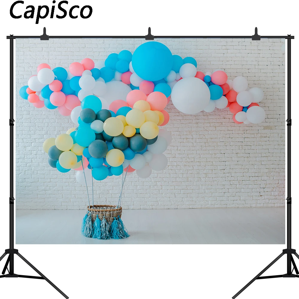 Фон для фотосъемки с изображением кирпичной стены и воздушных шаров|Фон