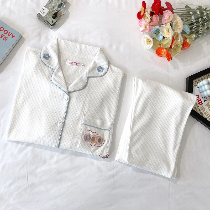 

Spring Autumn Long Sleeve White Cotton Maternity Nursing Sleepwear Sets Breastfeeding Pajamas Suits Clothes for Pregnant Women
