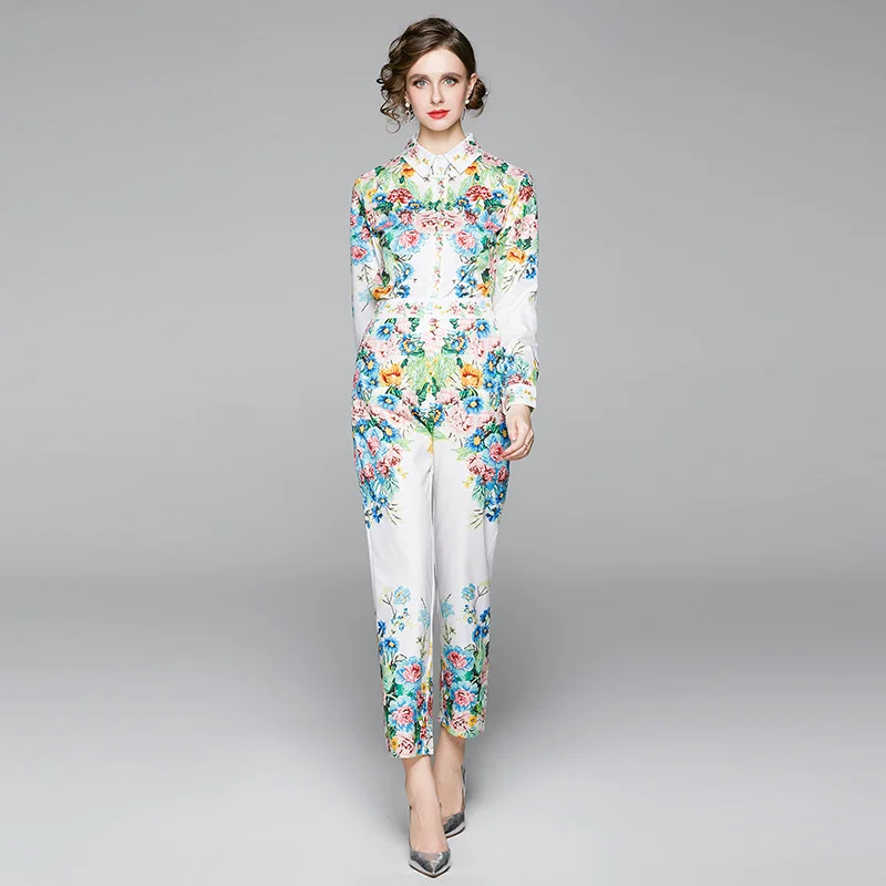 

2021 Spring Europe Fashion Runway Set Women Floral Print Blouse and Pants Suit Matching Set Lady Office Two Piece Outfit