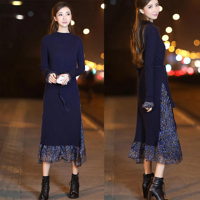 2019 осень зима длинное платье вязаные женские с высокой талией Винтаж Цветочный