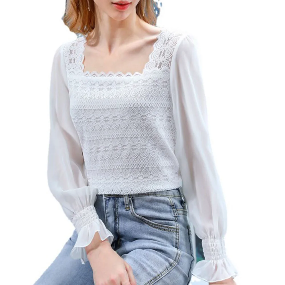 

Cultiseed Women Sweet Cute Square Collar Lace Patchwork Chiffon Shirts Tops Female New Flare Sleeve Office Wokr Party Blouses