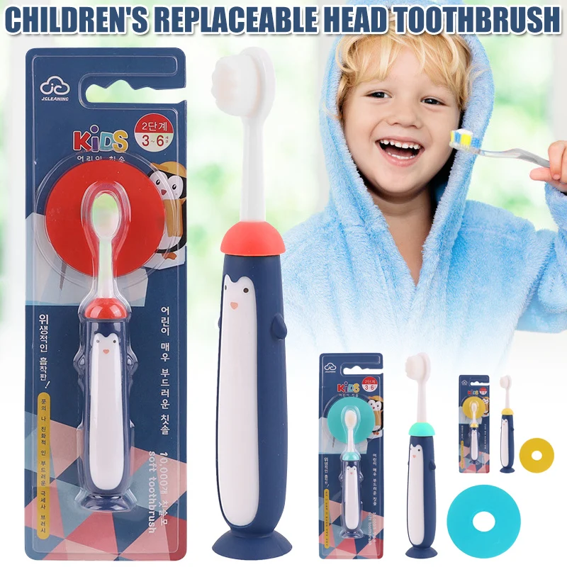 

High Quality Children Toothbrush With Replaceable Head And Penguin Handle With Suction Cup Soft Bursh For Baby Kids