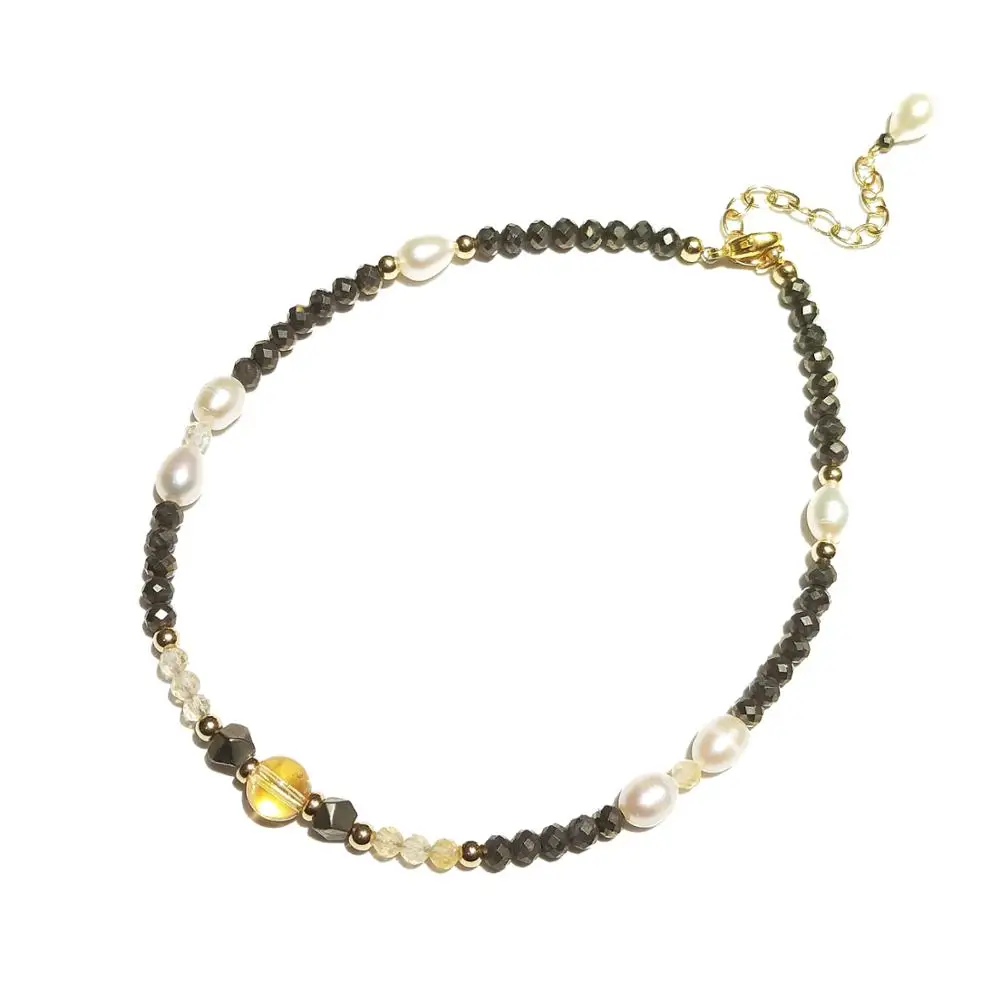 

Lii Ji Pyrite Freshwater Pearl Citrine Anklet Bracelet Natural Stone 14K Gold Filled Jewelry For Women Girls Gift