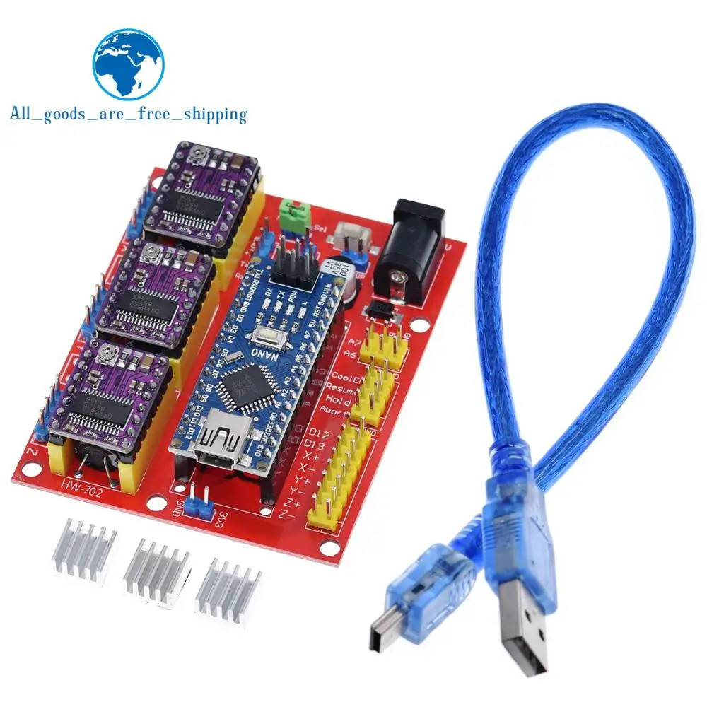 

TZT 1SET 3DV4 CNC Shield V4 + Nano 3.0 + 3pcs DRV8825 Reprap Stepper Drivers Set For Arduino