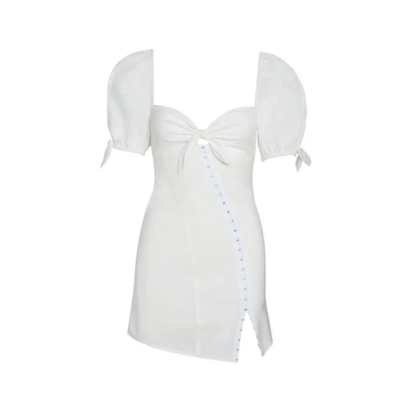 

Women's Dress 2021 High Quality Elegant White Bow Square Collar Vintage Dresses Ladies Vestdos Sexy Party Dress Women Clothes