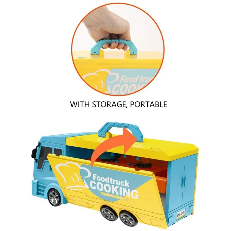 

Food Truck for Kids 2 in 1 Food Toy Kitchen Truck with Cooking Food Lights & Sounds 33 PCS Toy Kitchen Set for Girls