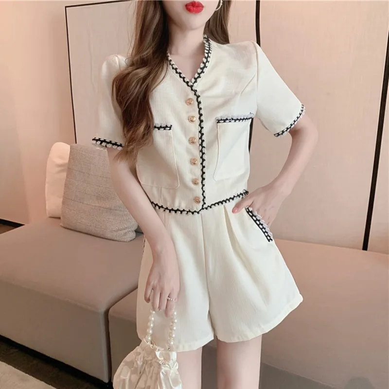 

Summer Two Piece Set Women Short Sleeve Jacket Coat Shirt Blouse Crop Top + Shorts Sets Korean Fashion Sweet 2 Piece Pant Suits